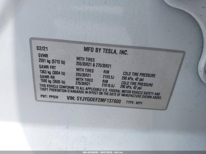 2021 Tesla Model y VIN 5YJYGDEF2MF137600 IAAI salvage auction — REAR END, Salvage (North Carolina), sold $10,500 on 2026-07-31 (photo 9)