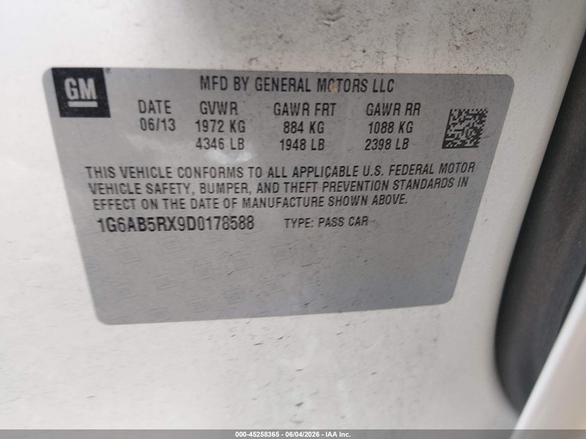 2013 Cadillac Ats VIN 1G6AB5RX9D0178588 IAAI salvage auction — LEFT REAR, Salvage Title, sold $1,975 on 2026-07-09 (photo 9)