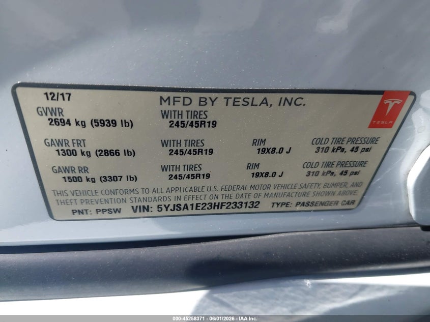 2017 Tesla Model s VIN 5YJSA1E23HF233132 IAAI salvage auction — FRONT END, Salvage (California), sold $5,600 on 2026-07-22 (photo 9)