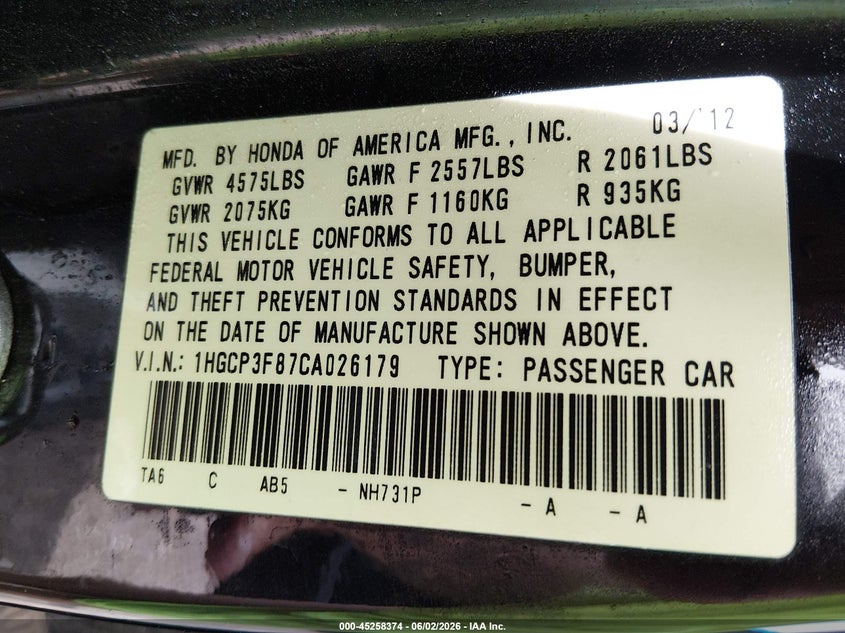 2012 Honda Accord VIN 1HGCP3F87CA026179 IAAI salvage auction — FRONT END, Salvage Title, sold $875 on 2026-07-10 (photo 9)