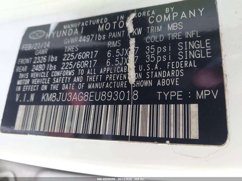 2014 Hyundai Tucson VIN KM8JU3AG8EU893018 IAAI salvage auction — NORMAL WEAR, Clear (Indiana), sold $1,150 on 2026-07-13 (photo 9)