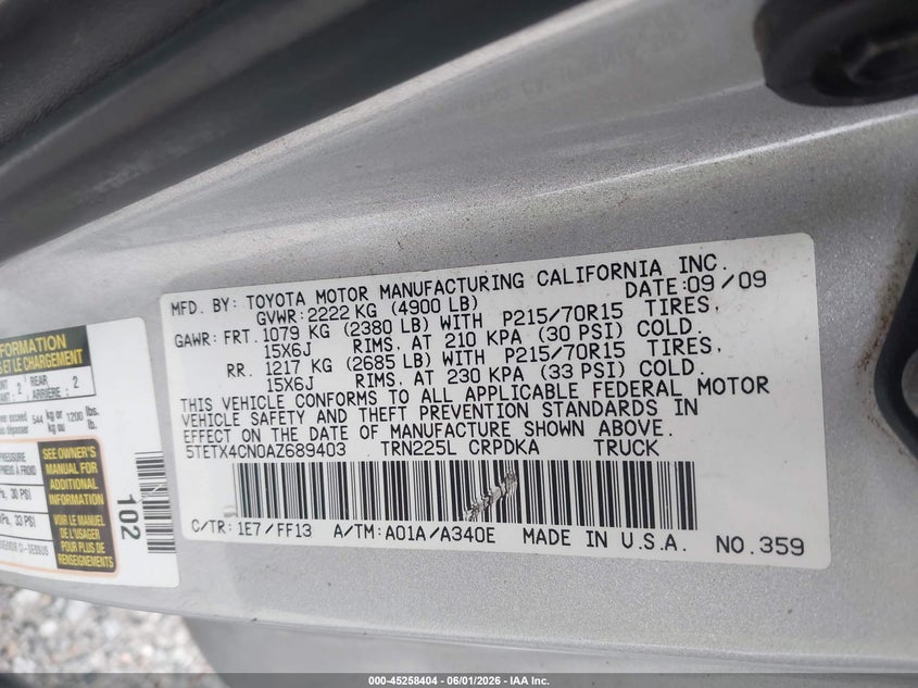 2010 Toyota Tacoma VIN 5TETX4CN0AZ689403 IAAI salvage auction — RIGHT SIDE, Repossession Paperwork (Georgia), sold $1,150 on 2026-07-10 (photo 9)