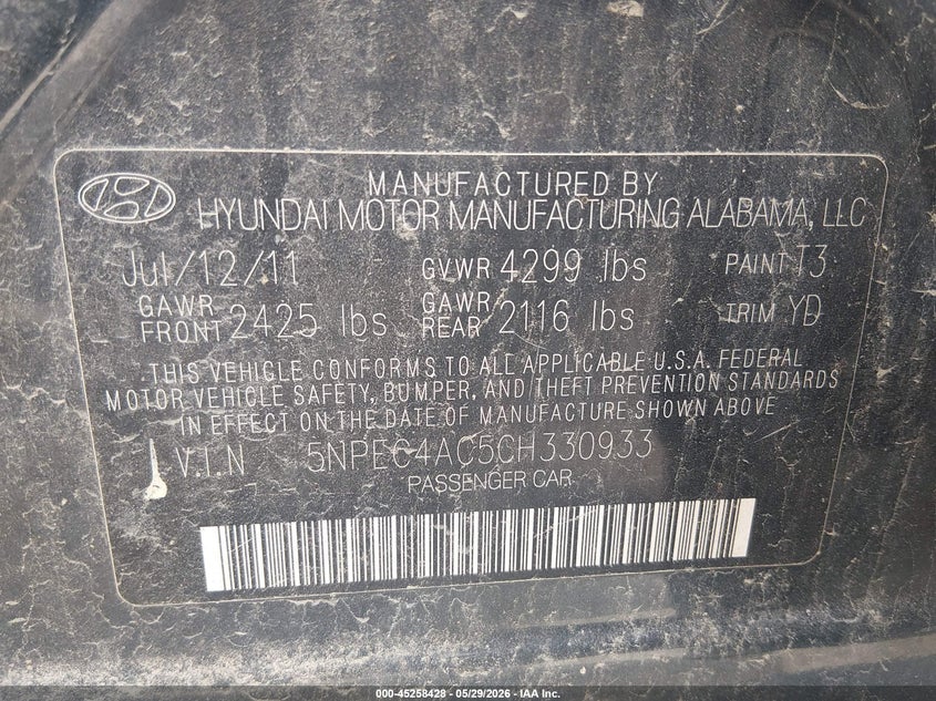 2012 Hyundai Sonata VIN 5NPEC4AC5CH330933 IAAI salvage auction — NORMAL WEAR, Salvage Title, sold $300 on 2026-07-28 (photo 9)