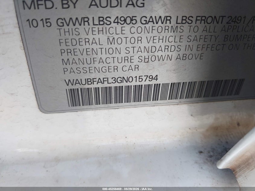 2016 Audi A4 VIN WAUBFAFL3GN015794 IAAI salvage auction — NORMAL WEAR, Salvage Title, sold $600 on 2026-07-29 (photo 9)