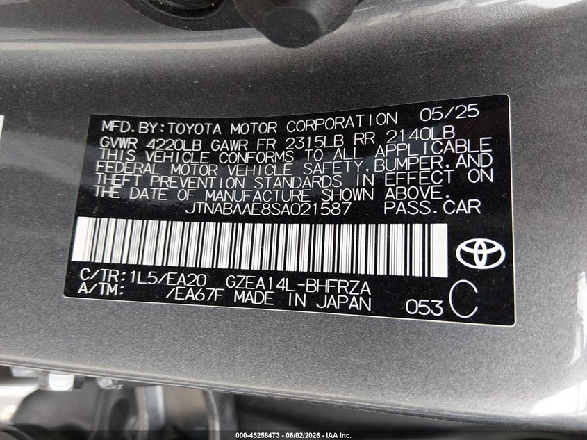 2025 Toyota Corolla VIN JTNABAAE8SA021587 IAAI salvage auction — FRONT & REAR, Salvage (Nebraska), sold $3,350 on 2026-07-16 (photo 9)