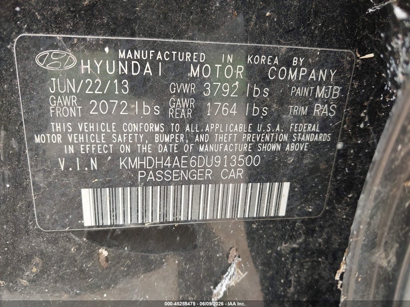 2013 Hyundai Elantra VIN KMHDH4AE6DU913500 IAAI salvage auction — NORMAL WEAR, Clear (Minnesota), sold $500 on 2026-07-21 (photo 9)