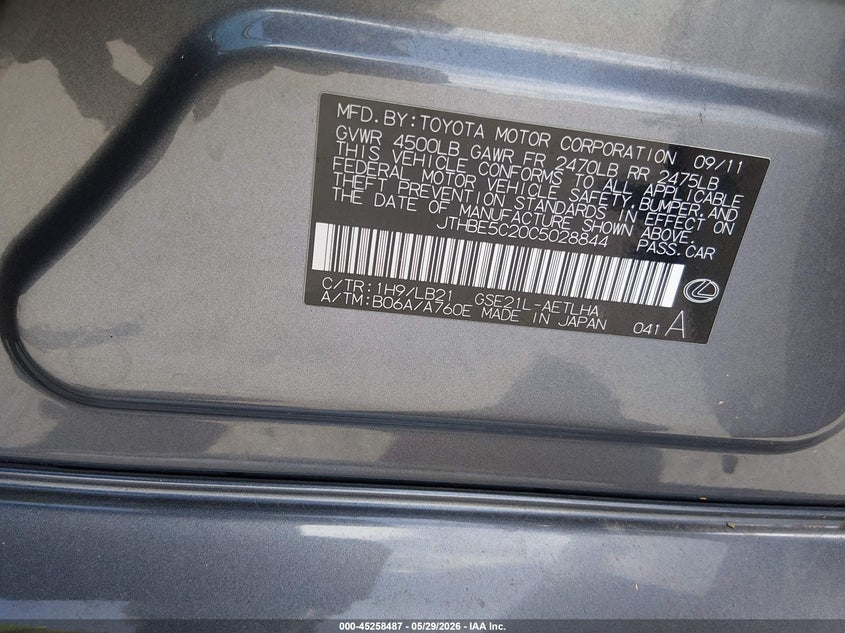 2012 Lexus Is VIN JTHBE5C20C5028844 IAAI salvage auction — NORMAL WEAR, Clear (Florida), sold $2,025 on 2026-07-13 (photo 9)