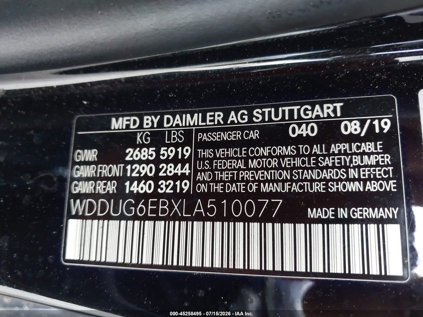 2020 Mercedes-benz S class VIN WDDUG6EBXLA510077 IAAI salvage auction — NORMAL WEAR, Clear (Florida), sold $14,000 on 2026-08-06 (photo 9)