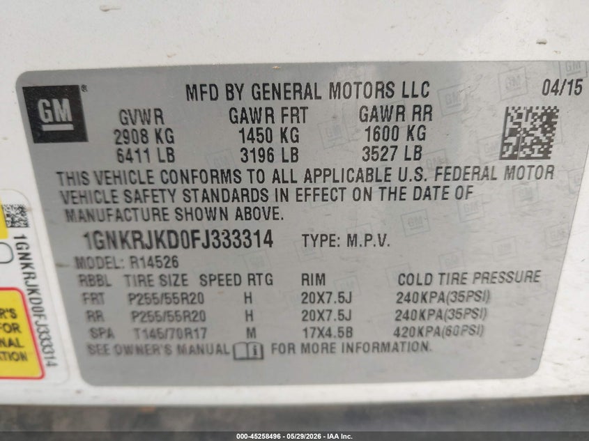 2015 Chevrolet Traverse VIN 1GNKRJKD0FJ333314 IAAI salvage auction — ENGINE DAMAGE, Salvage Title, sold $25 on 2026-07-28 (photo 9)