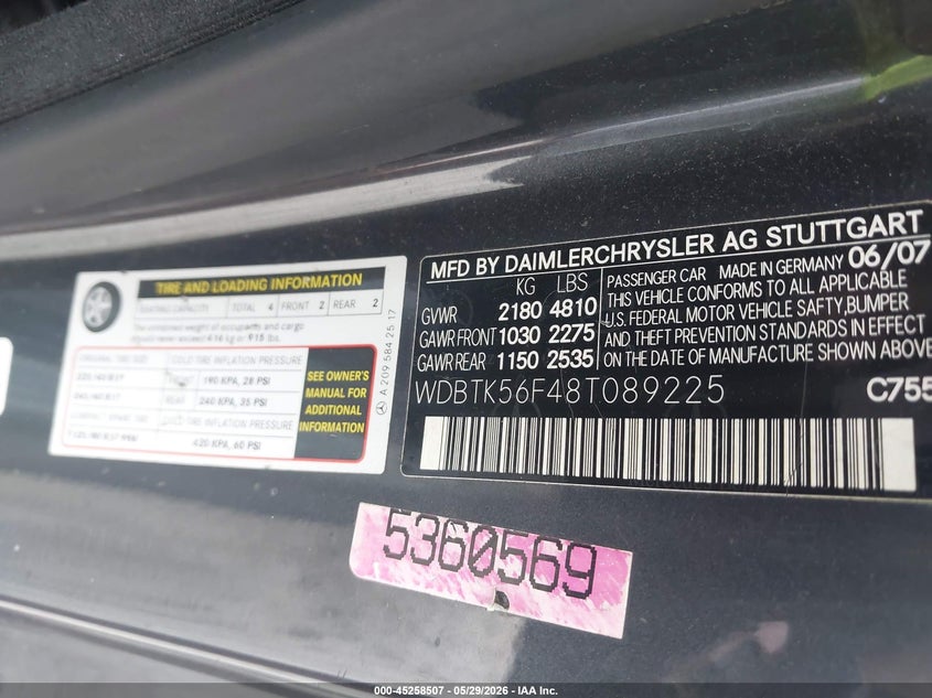 2008 Mercedes-benz Clk-klasse VIN WDBTK56F48T089225 IAAI salvage auction — NORMAL WEAR, Clear (Georgia), sold $500 on 2026-07-14 (photo 9)