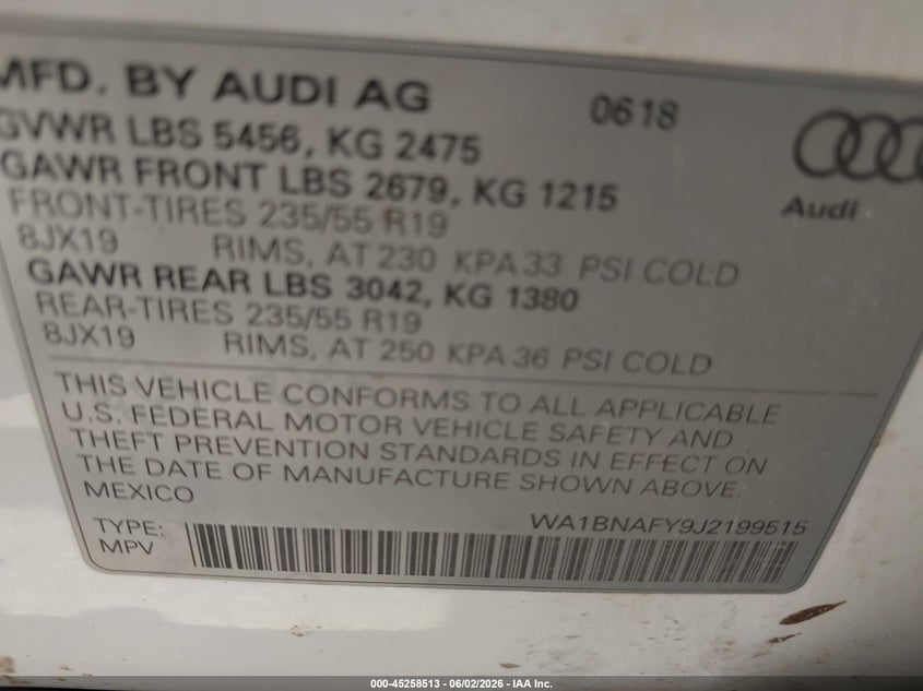 2018 Audi Q5 VIN WA1BNAFY9J2199515 IAAI salvage auction — RIGHT FRONT, Original (Texas), sold $6,100 on 2026-07-13 (photo 9)
