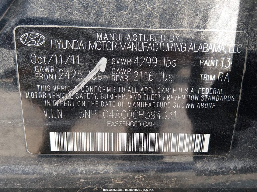 2012 Hyundai Sonata VIN 5NPEC4AC0CH394331 IAAI salvage auction — STORM DAMAGE, Salvage (Kansas), sold $550 on 2026-07-10 (photo 9)