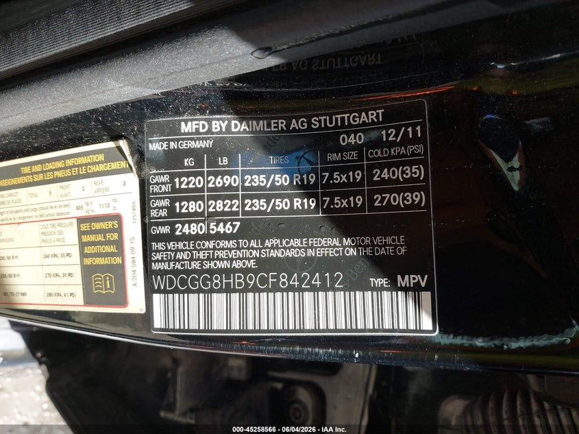 2012 Mercedes-benz Glk-klasse VIN WDCGG8HB9CF842412 IAAI salvage auction — FRONT END, Salvage Title, sold $975 on 2026-07-08 (photo 9)