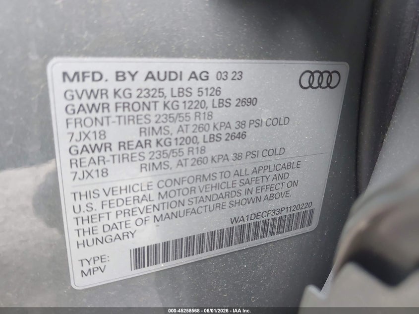 2023 Audi Q3 VIN WA1DECF33P1120220 IAAI salvage auction — FRONT END, Salvage Title, sold $2,350 on 2026-07-20 (photo 9)