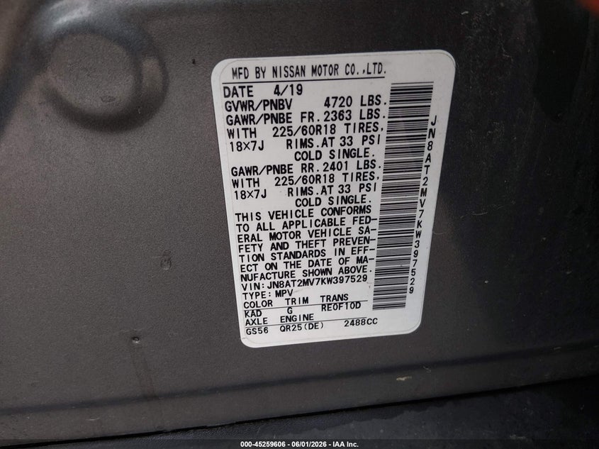 2019 Nissan Rogue VIN JN8AT2MV7KW397529 IAAI salvage auction — RIGHT FRONT, Salvage Title, sold $7,700 on 2026-07-15 (photo 9)