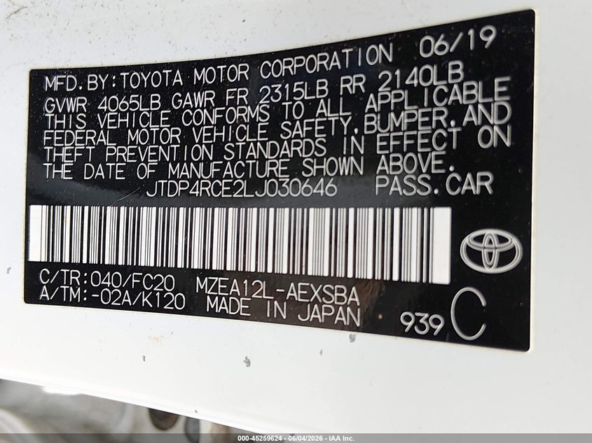 2020 Toyota Corolla VIN JTDP4RCE2LJ030646 IAAI salvage auction — BIO HAZARD, Salvage Title, sold $4,750 on 2026-07-15 (photo 9)