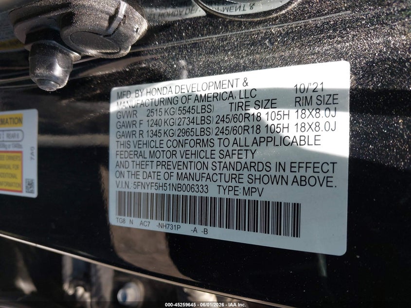 2022 Honda Pilot VIN 5FNYF5H51NB006333 IAAI salvage auction — FRONT END, Salvage Title, sold $2,750 on 2026-07-31 (photo 9)