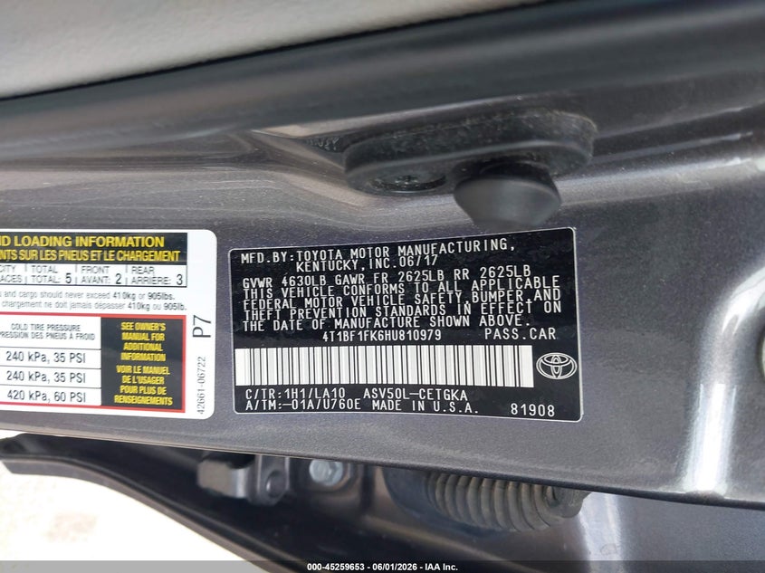 2017 Toyota Camry VIN 4T1BF1FK6HU810979 IAAI salvage auction — RIGHT REAR, Salvage Title, sold $6,200 on 2026-07-09 (photo 9)