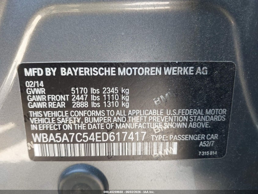2014 BMW 5er VIN WBA5A7C54ED617417 IAAI salvage auction — RIGHT SIDE, Salvage (Georgia), sold $1,800 on 2026-07-14 (photo 9)