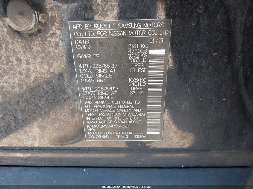 2019 Nissan Rogue VIN KNMAT2MV9KP534220 IAAI salvage auction — REAR END, Clear (Indiana), sold $2,050 on 2026-07-28 (photo 9)
