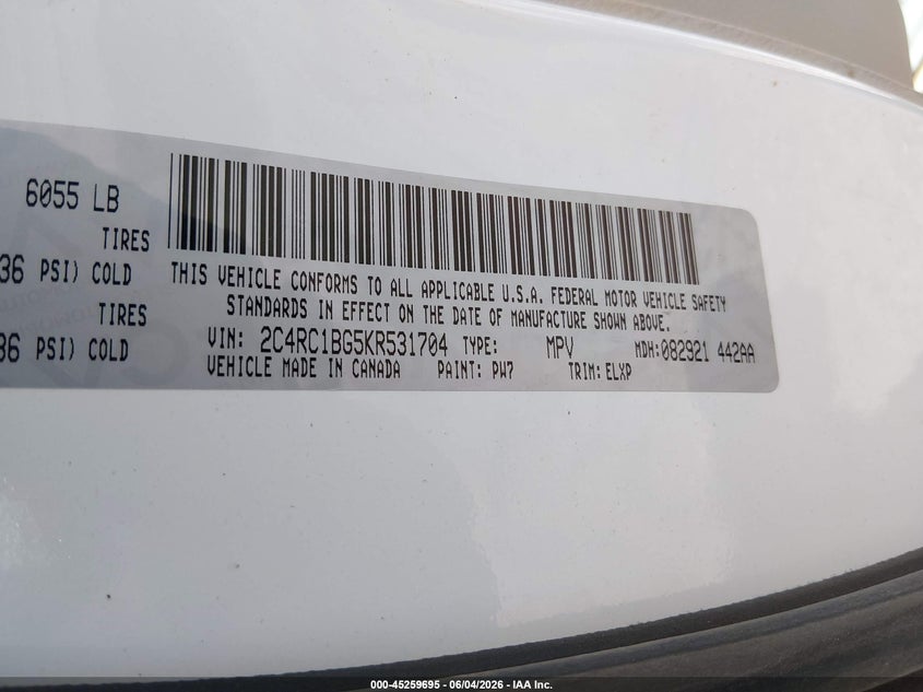 2019 Chrysler Pacifica VIN 2C4RC1BG5KR531704 IAAI salvage auction — FRONT END, Clear (Oklahoma), sold $1,625 on 2026-08-25 (photo 9)