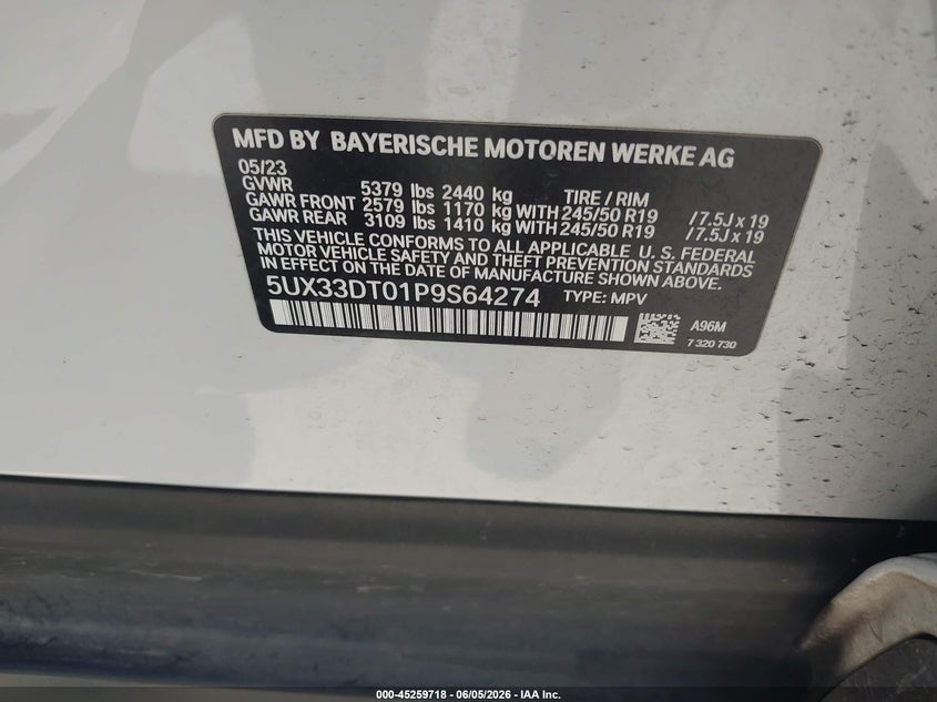 2023 BMW X4 VIN 5UX33DT01P9S64274 IAAI salvage auction — FRONT END, Original (Texas), sold $16,500 on 2026-08-21 (photo 9)