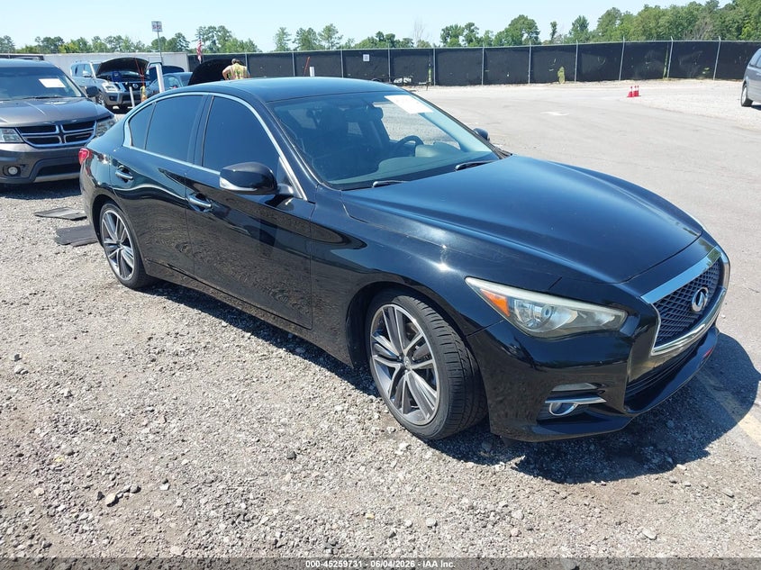 2014 Infiniti Q50 VIN JN1BV7AP7EM673692 IAAI salvage auction — REAR END, Salvage Title, sold $1,200 on 2026-07-08 (photo 1)