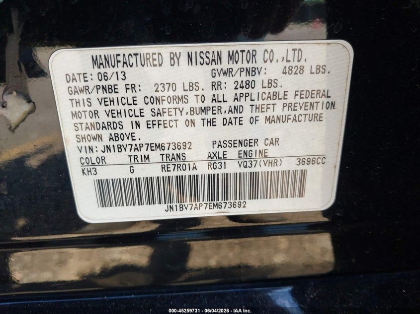 2014 Infiniti Q50 VIN JN1BV7AP7EM673692 IAAI salvage auction — REAR END, Salvage Title, sold $1,200 on 2026-07-08 (photo 9)