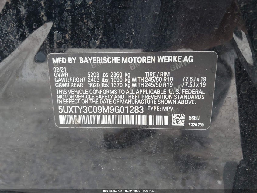 2021 BMW X3 VIN 5UXTY3C09M9G01283 IAAI salvage auction — FRONT & REAR, Salvage Title, sold $4,250 on 2026-07-16 (photo 9)