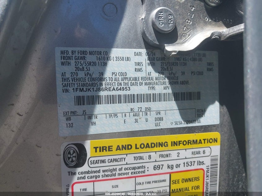2024 Ford Expedition VIN 1FMJK1J86REA64953 IAAI salvage auction — BIO HAZARD, Salvage Title, sold $6,400 on 2026-07-22 (photo 9)