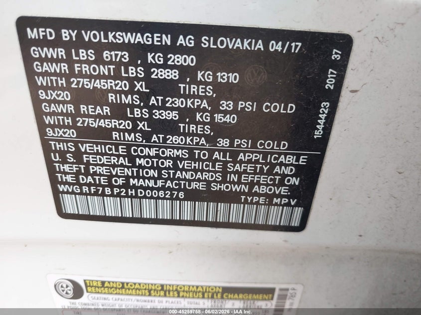 2017 Volkswagen Touareg VIN WVGRF7BP2HD006276 IAAI salvage auction — FRONT END, Salvage Title, sold $1,250 on 2026-07-08 (photo 9)