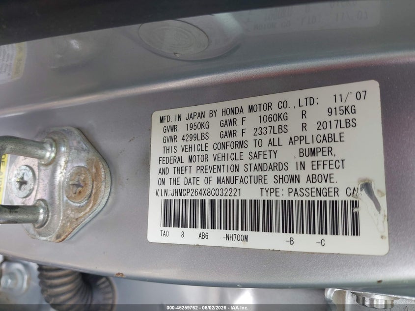 2008 Honda Accord VIN JHMCP264X8C032221 IAAI salvage auction — SUSPENSION, Clear (Tennessee), sold $375 on 2026-07-16 (photo 9)