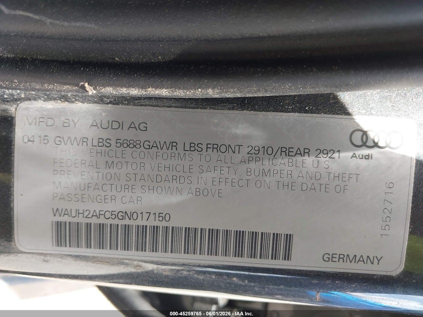 2016 Audi S6 VIN WAUH2AFC5GN017150 IAAI salvage auction — WATER/FLOOD, Salvage Title, sold $3,000 on 2026-07-09 (photo 9)