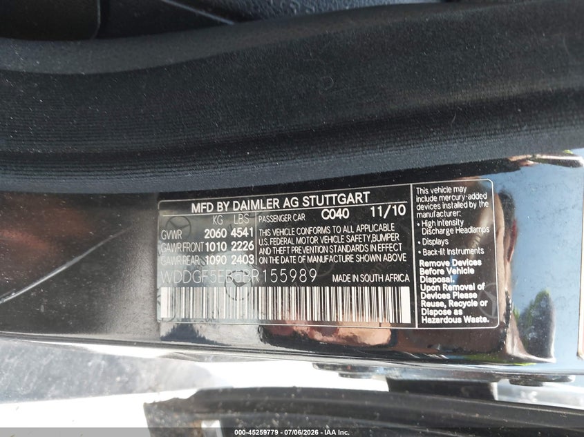 2011 Mercedes-benz C class VIN WDDGF5EB5BR155989 IAAI salvage auction — NORMAL WEAR, Clear (Florida), sold $700 on 2026-07-30 (photo 9)