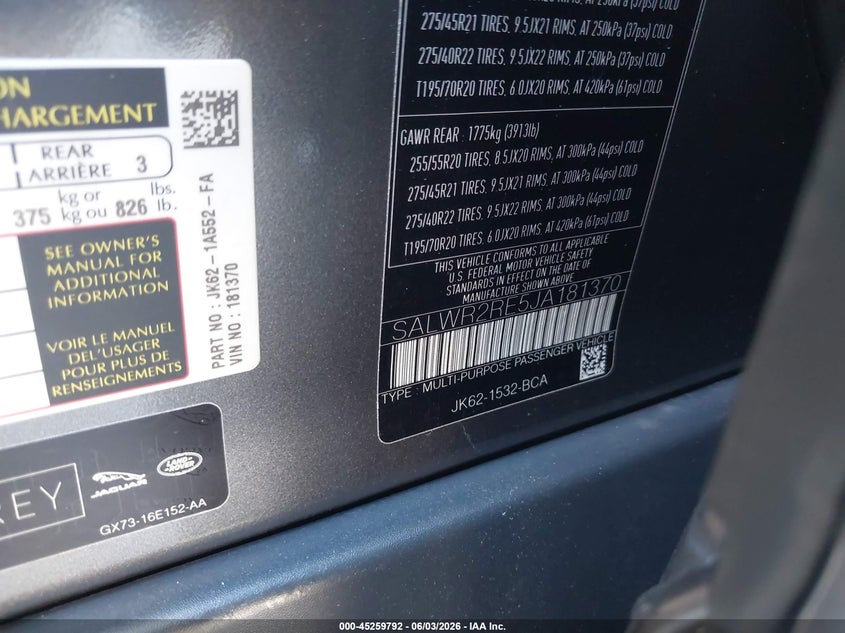 2018 Land rover Range rover sport VIN SALWR2RE5JA181370 IAAI salvage auction — FRONT END, Salvage (Tennessee), sold $13,800 on 2026-07-28 (photo 9)