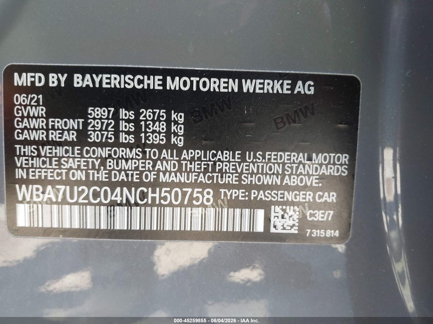 2022 BMW 7er VIN WBA7U2C04NCH50758 IAAI salvage auction — REAR END, Salvage Title, sold $24,750 on 2026-07-20 (photo 9)