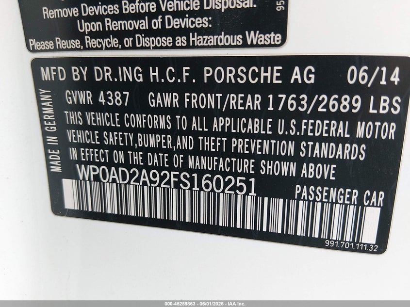 2015 Porsche 911 VIN WP0AD2A92FS160251 IAAI salvage auction — UNDERCARRIAGE, Salvage Title, sold $61,000 on 2026-07-27 (photo 9)