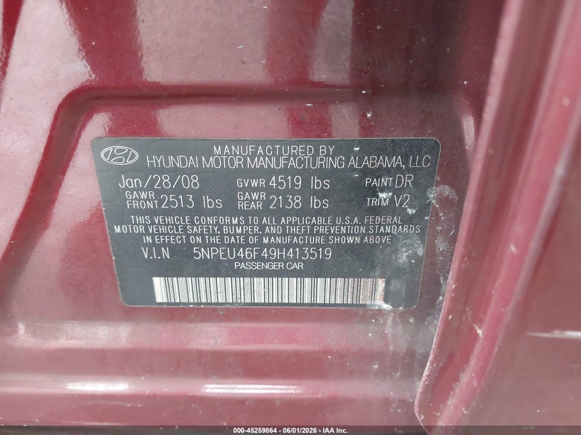 2009 Hyundai Sonata VIN 5NPEU46F49H413519 IAAI salvage auction — ALL OVER, Rebuildable (Florida), sold $300 on 2026-07-17 (photo 9)