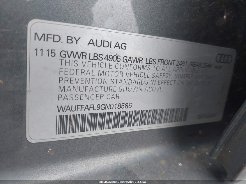 2016 Audi A4 VIN WAUFFAFL9GN018586 IAAI salvage auction — REAR END, Salvage Title, sold $3,300 on 2026-07-14 (photo 9)