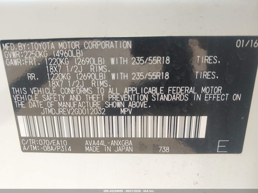 2016 Toyota Rav 4 VIN JTMDJREV2GD012032 IAAI salvage auction — REAR END, Salvage Title, sold $7,400 on 2026-07-07 (photo 9)