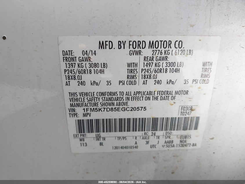 2014 Ford Explorer VIN 1FM5K7D85EGC20575 IAAI salvage auction — SIDE, Salvage Title, sold $700 on 2026-07-09 (photo 9)