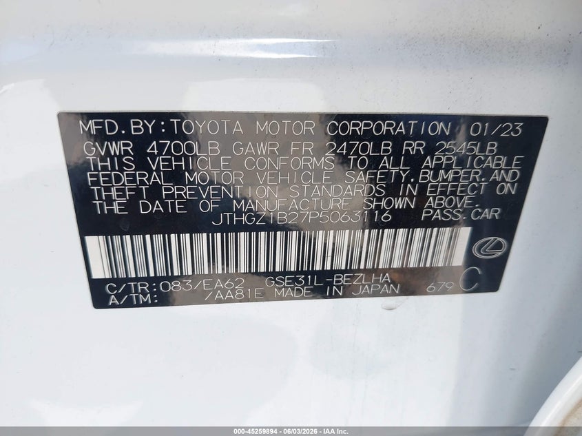 2023 Lexus Is VIN JTHGZ1B27P5063116 IAAI salvage auction — SIDE, Salvage Title, sold $17,900 on 2026-07-22 (photo 9)