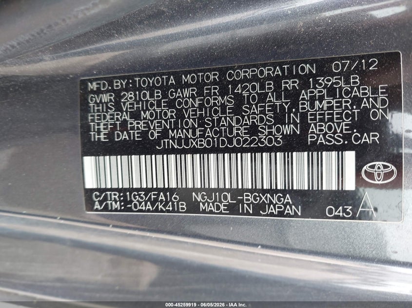 2013 Scion Iq VIN JTNJJXB01DJ022303 IAAI salvage auction — FRONT END, Salvage (Texas), sold $1,825 on 2026-07-06 (photo 9)