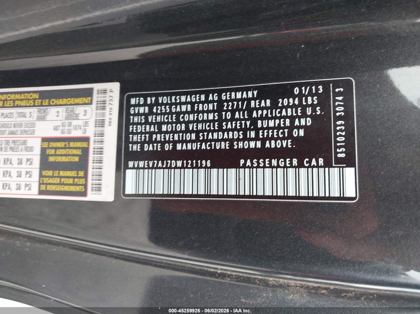 2013 Volkswagen Gti VIN WVWEV7AJ7DW121196 IAAI salvage auction — FRONT END, Salvage Title, sold $2,550 on 2026-07-09 (photo 9)