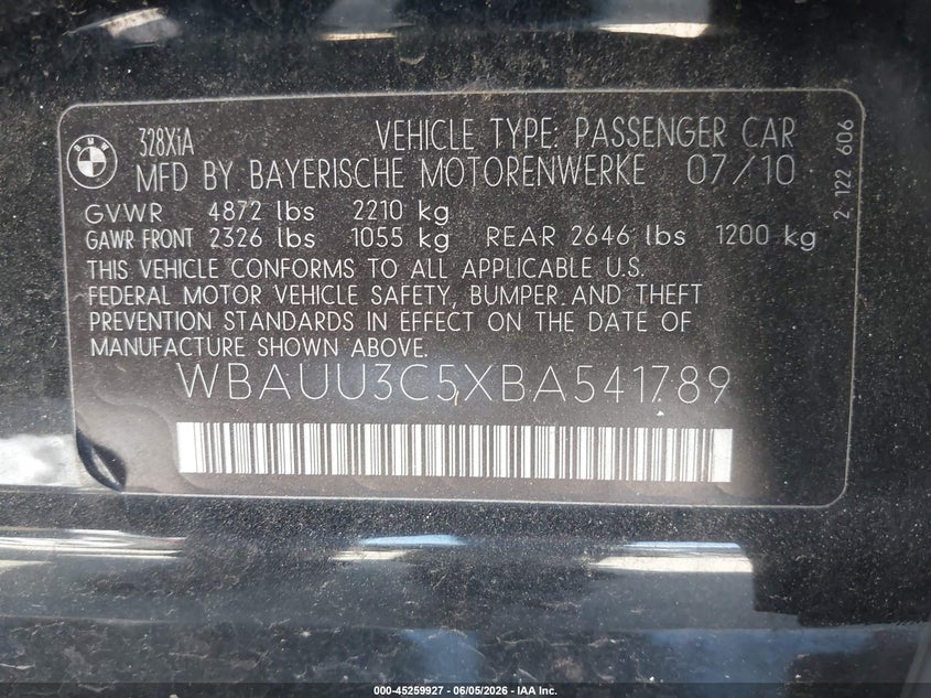 2011 BMW 3er VIN WBAUU3C5XBA541789 IAAI salvage auction — UNKNOWN, Clear - Dealer Only (California), sold $525 on 2026-07-08 (photo 9)