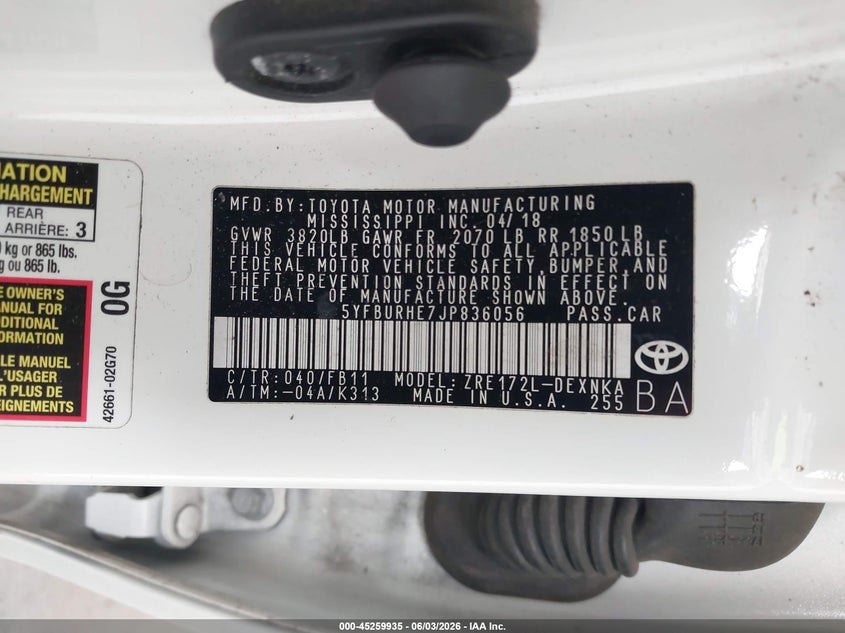 2018 Toyota Corolla VIN 5YFBURHE7JP836056 IAAI salvage auction — RIGHT SIDE, Salvage Title, sold $1,150 on 2026-07-29 (photo 9)