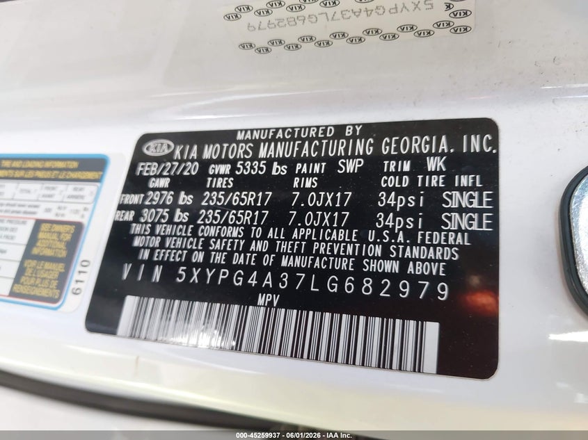 2020 Kia Sorento VIN 5XYPG4A37LG682979 IAAI salvage auction — THEFT, Salvage Title, sold $3,100 on 2026-07-14 (photo 9)
