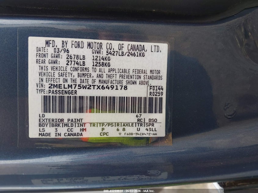 1996 Mercury Grand marquis VIN 2MELM75W2TX649178 IAAI salvage auction — UNKNOWN, Clear (Oklahoma), sold $2,750 on 2026-07-28 (photo 9)