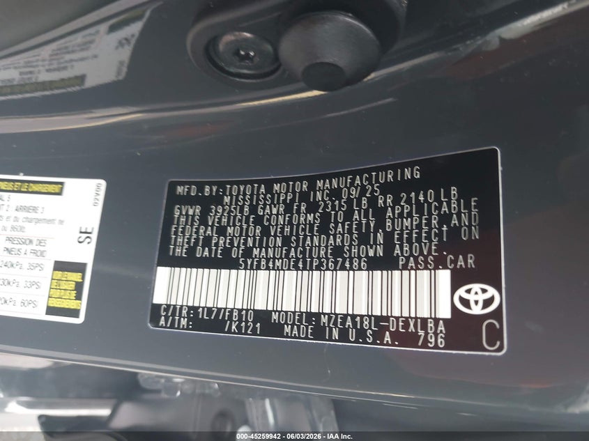 2026 Toyota Corolla VIN 5YFB4MDE4TP367486 IAAI salvage auction — RIGHT SIDE, Rebuildable (Florida), sold $7,225 on 2026-07-23 (photo 9)