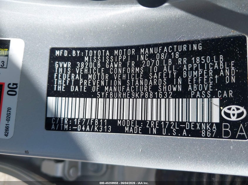 2019 Toyota Corolla VIN 5YFBURHE9KP881632 IAAI salvage auction — FRONT END, Salvage (Virginia), sold $2,000 on 2026-07-24 (photo 9)